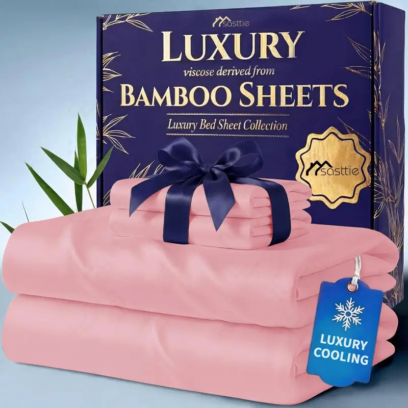 🌿 4/6 PCS Bamboo Cooling Sheet Set, Extra Deep Pocket, Ultra‑Soft Wrinkle‑Free Luxury Bedding for Adults & Kids