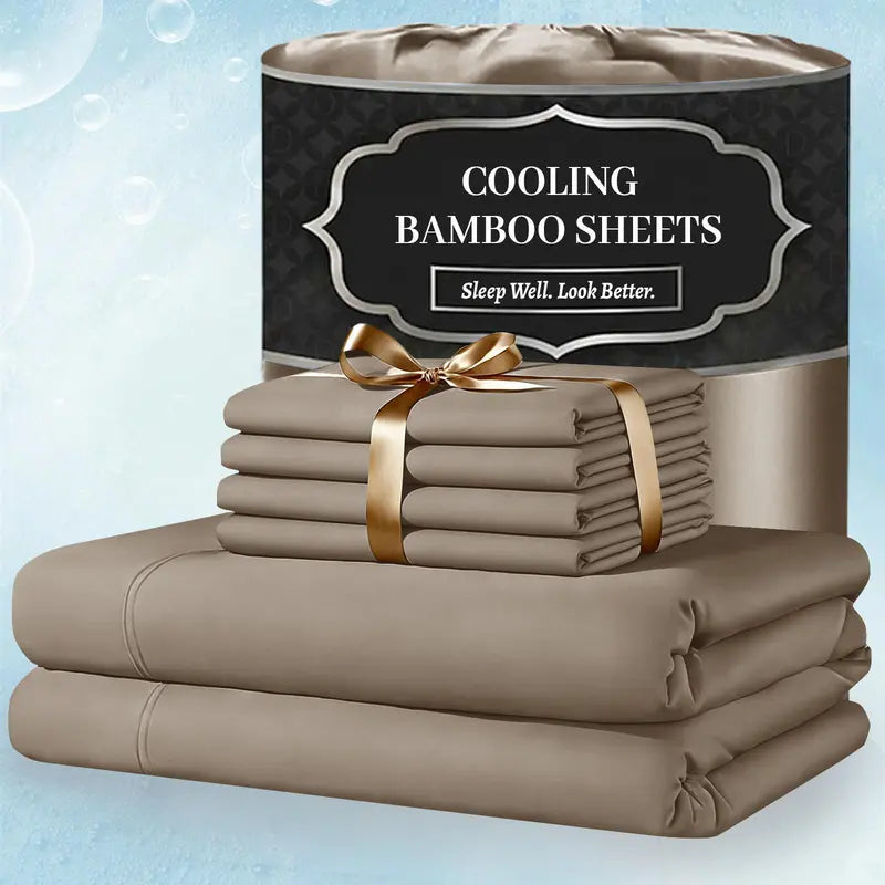 🌿 4/6 PCS Bamboo Cooling Sheet Set, Extra Deep Pocket, Ultra‑Soft Wrinkle‑Free Luxury Bedding for Adults & Kids