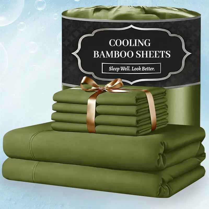 🌿 4/6 PCS Bamboo Cooling Sheet Set, Extra Deep Pocket, Ultra‑Soft Wrinkle‑Free Luxury Bedding for Adults & Kids