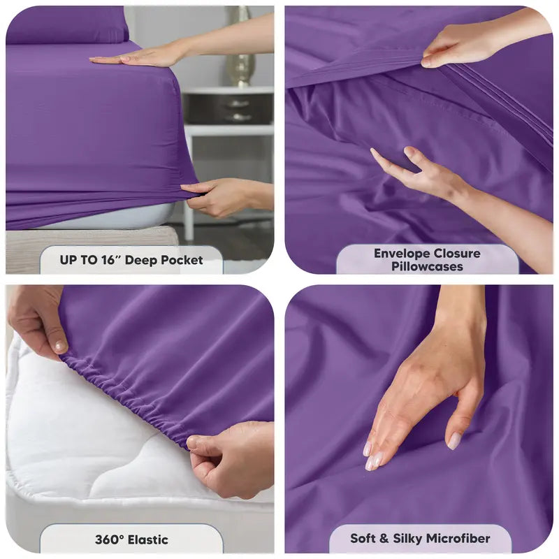 ☁️ 4‑Piece Plain Bed Sheet Set, 16" Deep Pocket, Oeko‑TEX Certified Ultra‑Soft Hotel Bedding, Embroidered Pillowcases, Moisture‑Wicking Easy‑Care