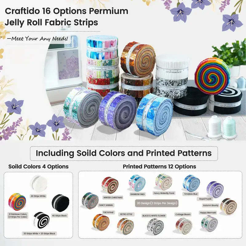 ✨19 Options 100% Cotton Jelly Roll Fabric | 40 Precut Strips 2.5"x44" Assorted Bundles for Quilting, Sewing, DIY Home Decor & Halloween Projects
