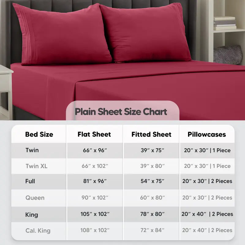 ☁️ 4‑Piece Plain Bed Sheet Set, 16" Deep Pocket, Oeko‑TEX Certified Ultra‑Soft Hotel Bedding, Embroidered Pillowcases, Moisture‑Wicking Easy‑Care
